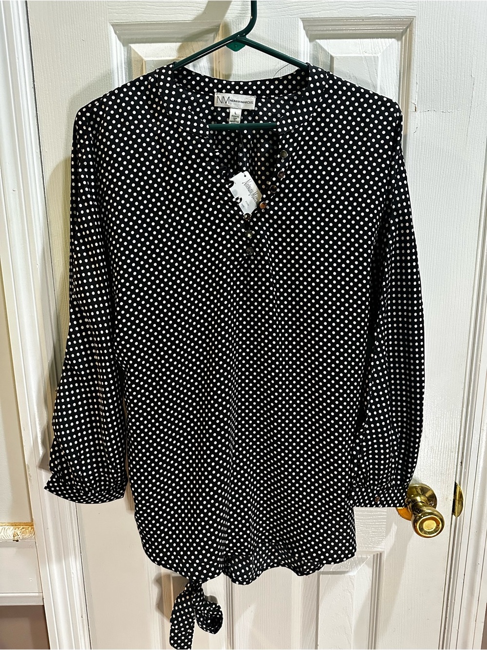 NWT Neiman Marcus Black & White Polka Dot Long‎ Sleeve Blouse Large